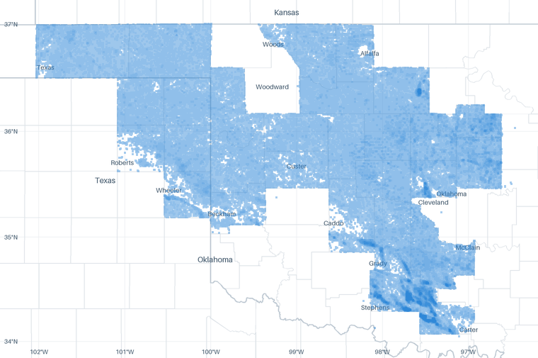 A map of 195,448 well locations inside the Anadarko footprint for which CommoVision holds a published surface coordinate, each drawn where it is, over faint state and county outlines, place names and a latitude/longitude grid for orientation.