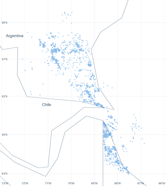 A map of 2,983 well locations inside the Austral footprint for which CommoVision holds a published surface coordinate, each drawn where it is, over faint country outlines, place names and a latitude/longitude grid for orientation.