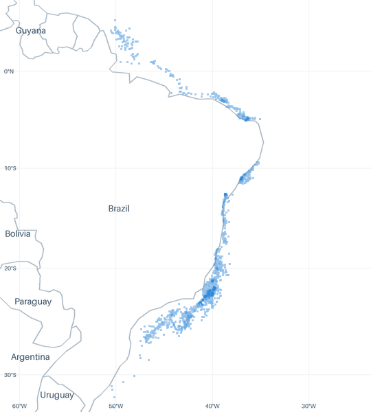 A map of 7,258 well locations inside the Brazil Offshore footprint for which CommoVision holds a published surface coordinate, each drawn where it is, over faint country outlines, place names and a latitude/longitude grid for orientation.