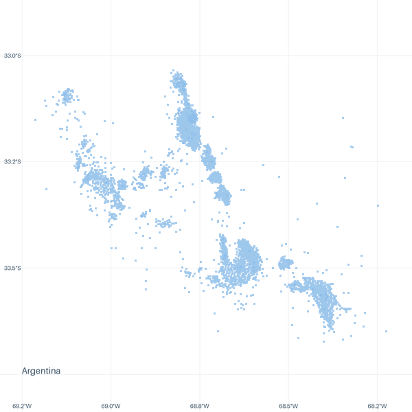 A map of 2,883 well locations inside the Cuyana footprint for which CommoVision holds a published surface coordinate, each drawn where it is, over faint place names and a latitude/longitude grid for orientation.