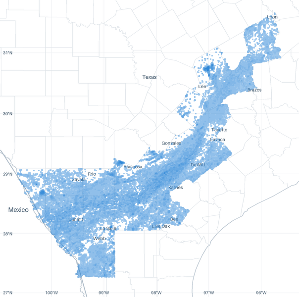 A map of 95,572 well locations inside the Eagle Ford footprint for which CommoVision holds a published surface coordinate, each drawn where it is, over faint country, state and county outlines, place names and a latitude/longitude grid for orientation.