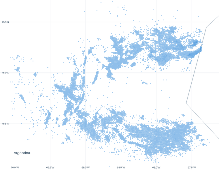 A map of 43,544 well locations inside the Golfo San Jorge footprint for which CommoVision holds a published surface coordinate, each drawn where it is, over faint country outlines, place names and a latitude/longitude grid for orientation.