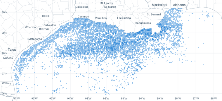 A map of 55,510 well locations inside the Gulf of Mexico footprint for which CommoVision holds a published surface coordinate, each drawn where it is, over faint country, state and county outlines, place names and a latitude/longitude grid for orientation.