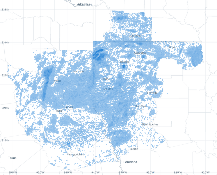 A map of 133,114 well locations inside the Haynesville footprint for which CommoVision holds a published surface coordinate, each drawn where it is, over faint state and county outlines, place names and a latitude/longitude grid for orientation.