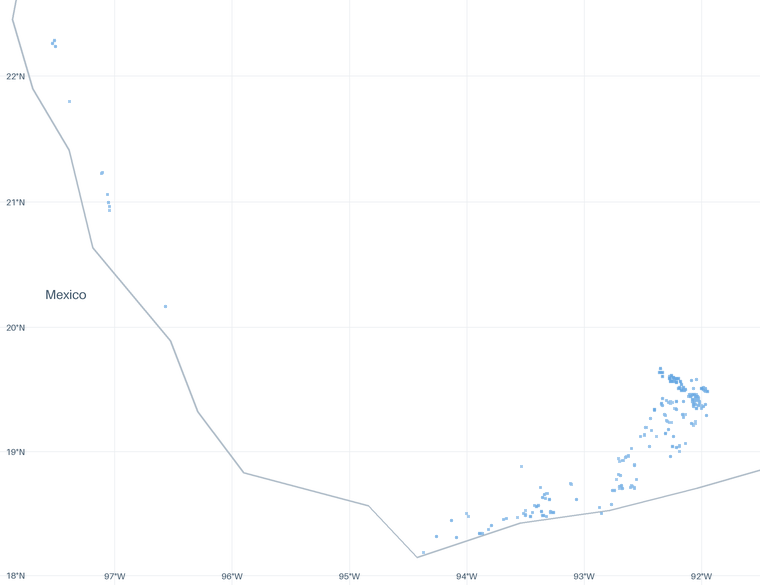 A map of 1,091 well locations inside the Mexico Offshore footprint for which CommoVision holds a published surface coordinate, each drawn where it is, over faint country outlines, place names and a latitude/longitude grid for orientation.