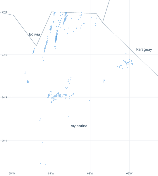 A map of 895 well locations inside the Noroeste footprint for which CommoVision holds a published surface coordinate, each drawn where it is, over faint country outlines, place names and a latitude/longitude grid for orientation.