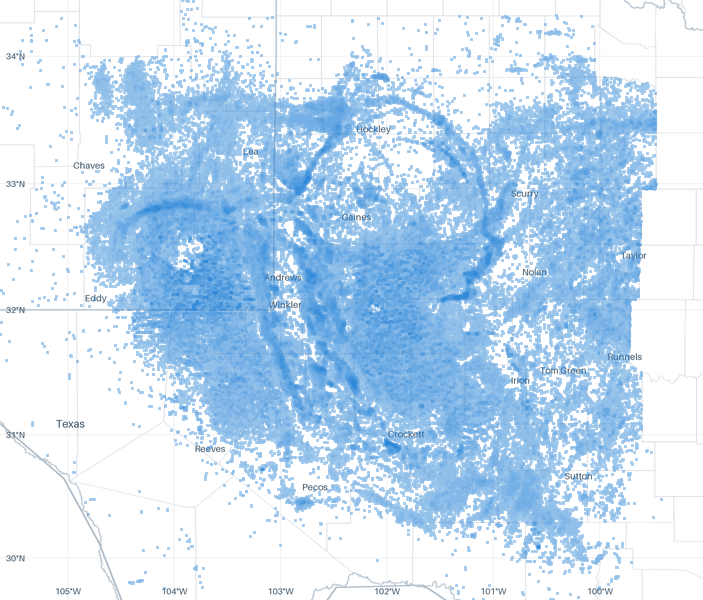 A map of 451,115 well locations inside the Permian footprint for which CommoVision holds a published surface coordinate, each drawn where it is, over faint country, state and county outlines, place names and a latitude/longitude grid for orientation.