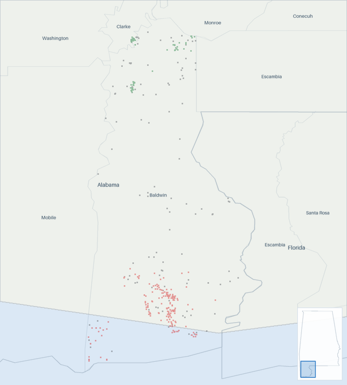 Well map of Baldwin County, Alabama. The full map is further down this page.