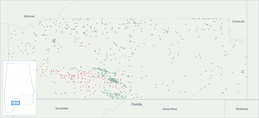 Well map of Escambia County, Alabama. The full map is further down this page.