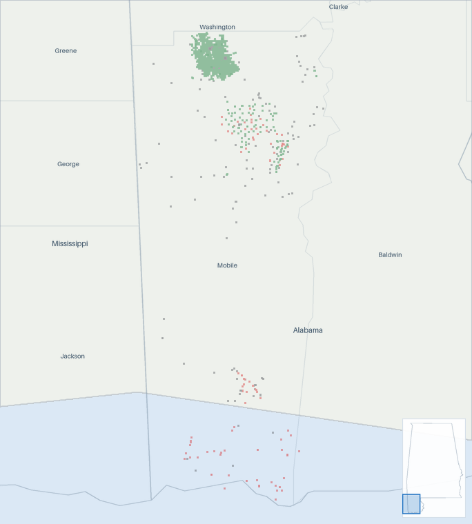 Well map of Mobile County, Alabama. The full map is further down this page.