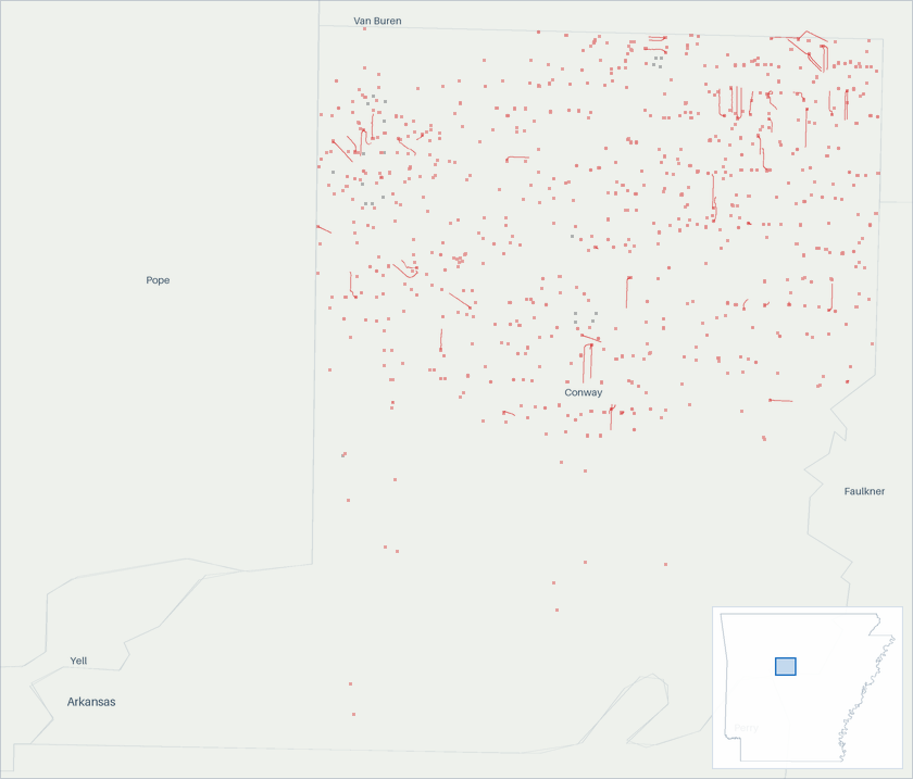 Well map of Conway County, Arkansas. The full map is further down this page.