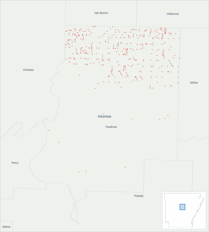 Well map of Faulkner County, Arkansas. The full map is further down this page.