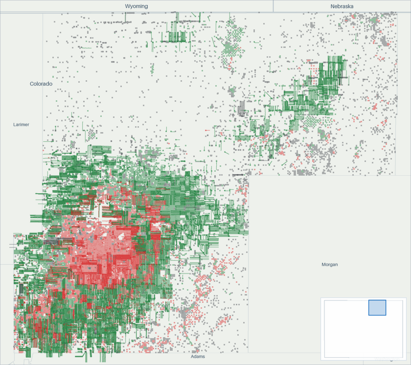 Well map of Weld County, Colorado. The full map is further down this page.