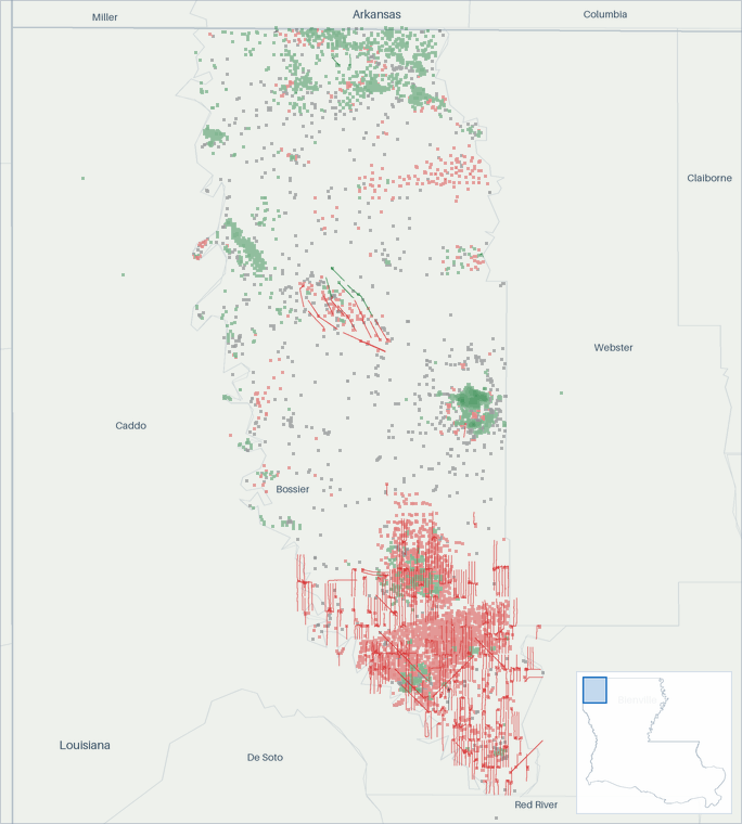 Well map of Bossier Parish, Louisiana. The full map is further down this page.