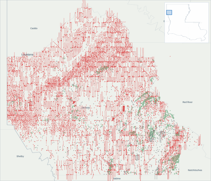 Well map of De Soto Parish, Louisiana. The full map is further down this page.
