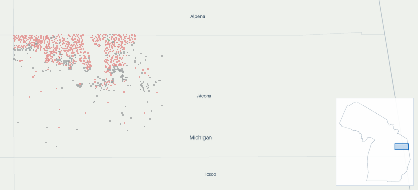 Well map of Alcona County, Michigan. The full map is further down this page.