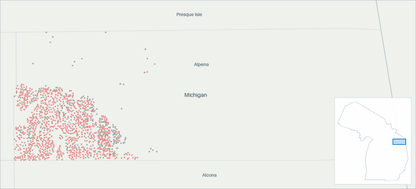 Well map of Alpena County, Michigan. The full map is further down this page.