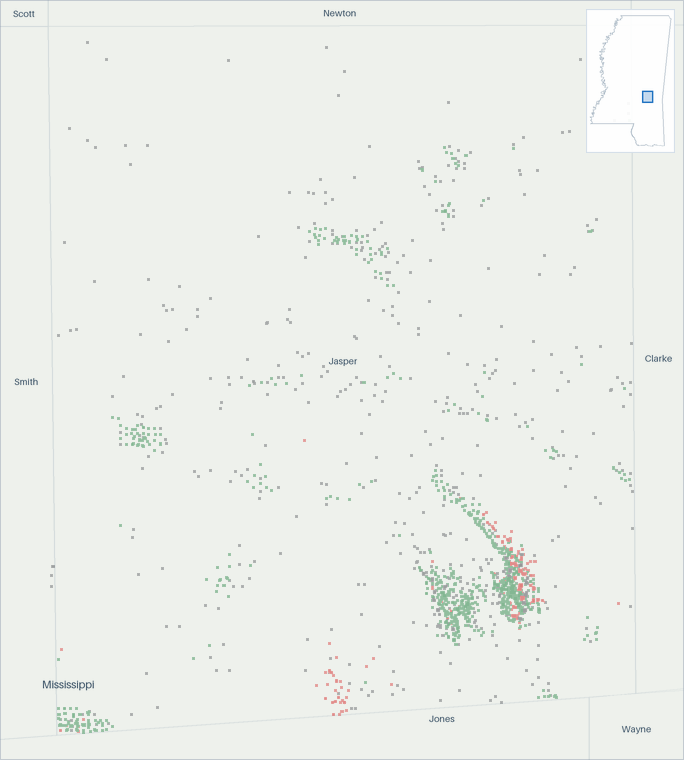 Well map of Jasper County, Mississippi. The full map is further down this page.
