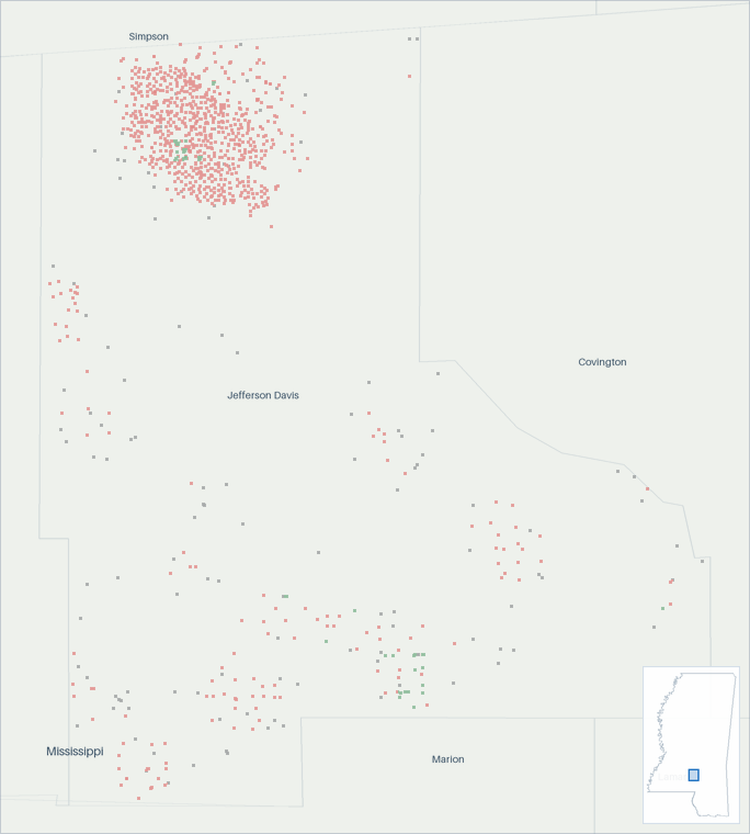 Well map of Jefferson Davis County, Mississippi. The full map is further down this page.