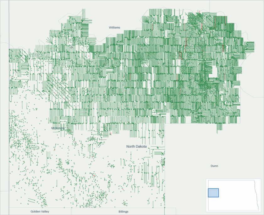 Well map of McKenzie County, North Dakota. The full map is further down this page.