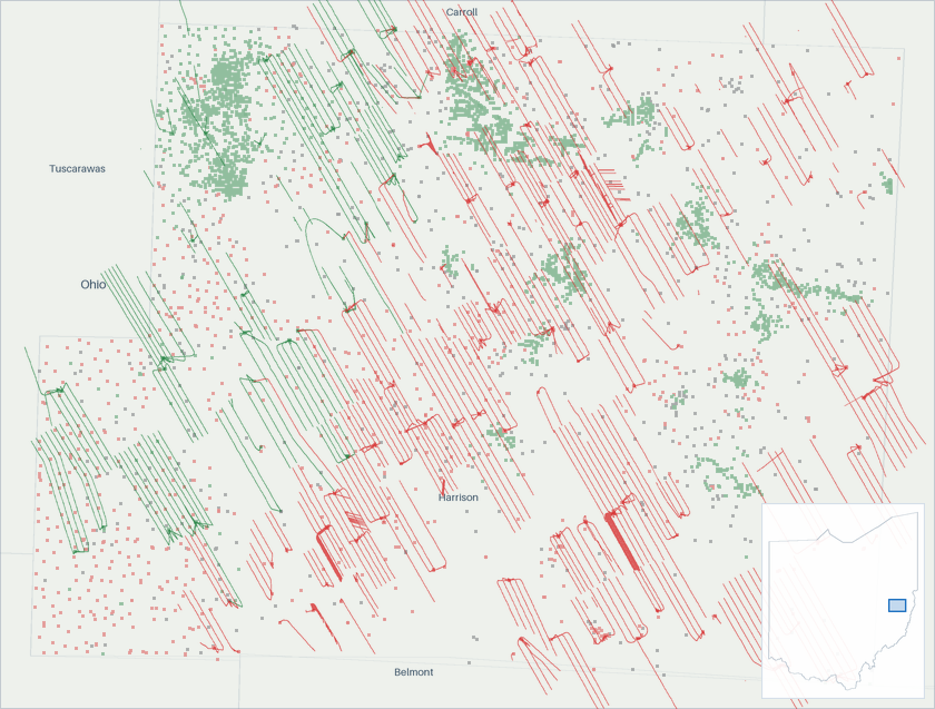 Well map of Harrison County, Ohio. The full map is further down this page.