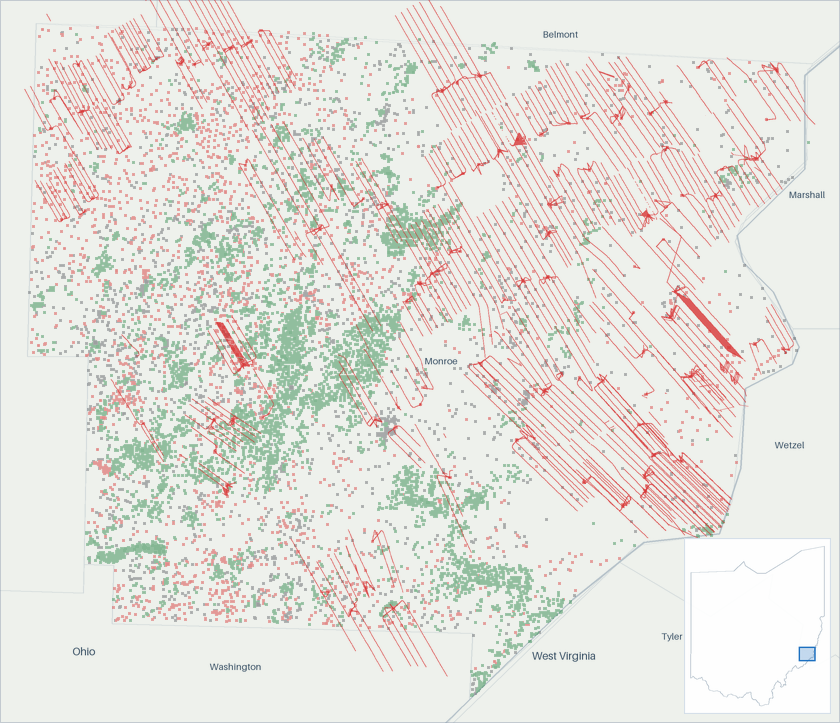 Well map of Monroe County, Ohio. The full map is further down this page.