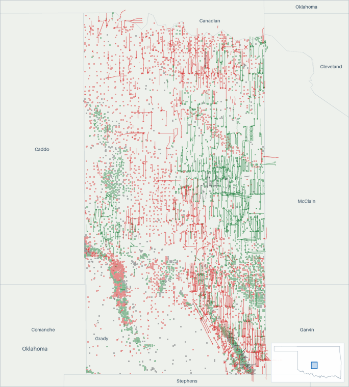 Well map of Grady County, Oklahoma. The full map is further down this page.