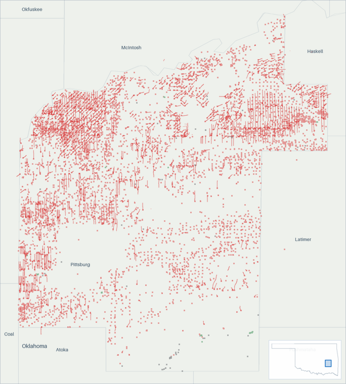 Well map of Pittsburg County, Oklahoma. The full map is further down this page.