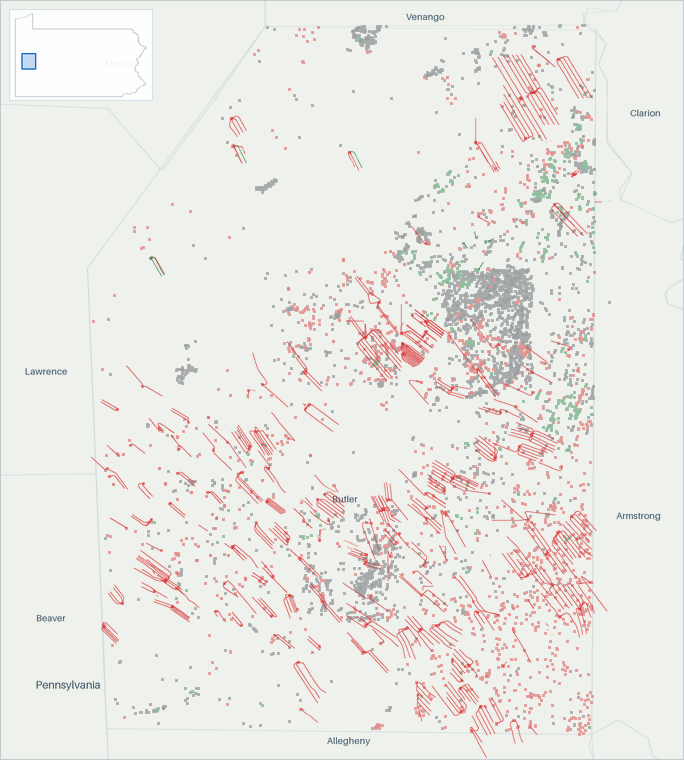 Well map of Butler County, Pennsylvania. The full map is further down this page.