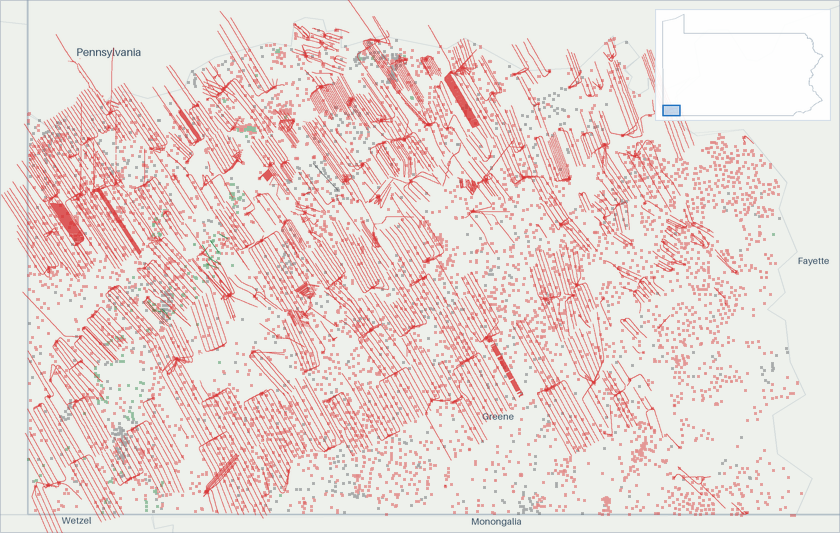 Well map of Greene County, Pennsylvania. The full map is further down this page.