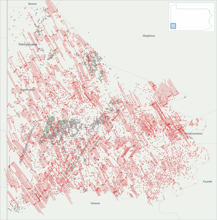 Well map of Washington County, Pennsylvania. The full map is further down this page.
