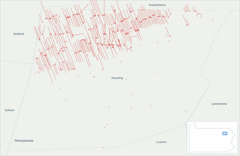 Well map of Wyoming County, Pennsylvania. The full map is further down this page.