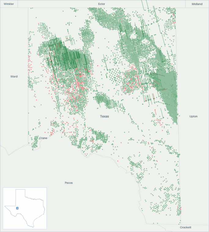 Well map of Crane County, Texas. The full map is further down this page.