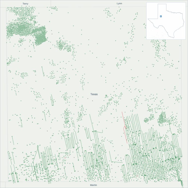 Well map of Dawson County, Texas. The full map is further down this page.