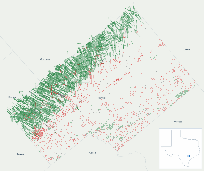 Well map of DeWitt County, Texas. The full map is further down this page.
