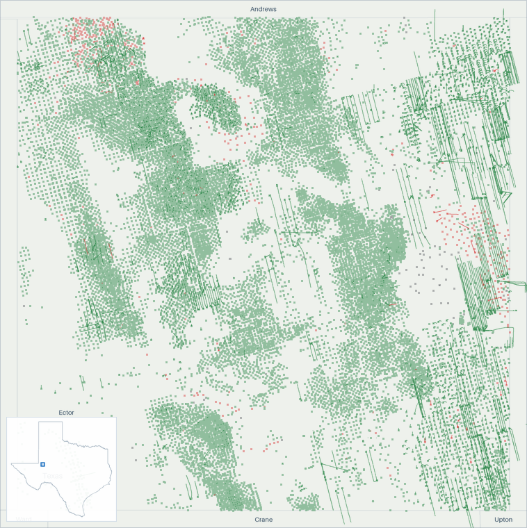 Well map of Ector County, Texas. The full map is further down this page.