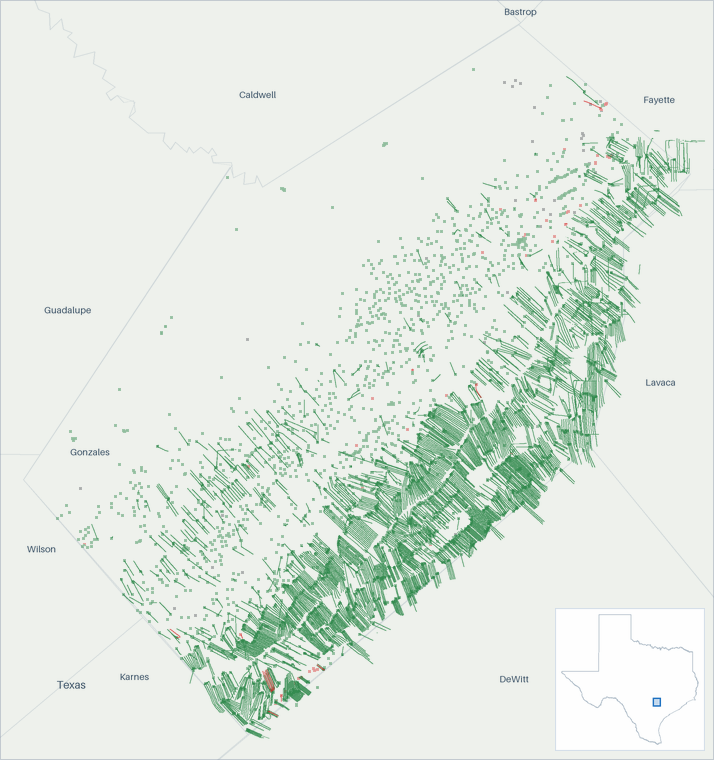 Well map of Gonzales County, Texas. The full map is further down this page.