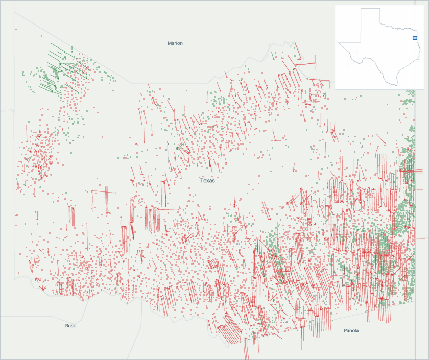 Well map of Harrison County, Texas. The full map is further down this page.