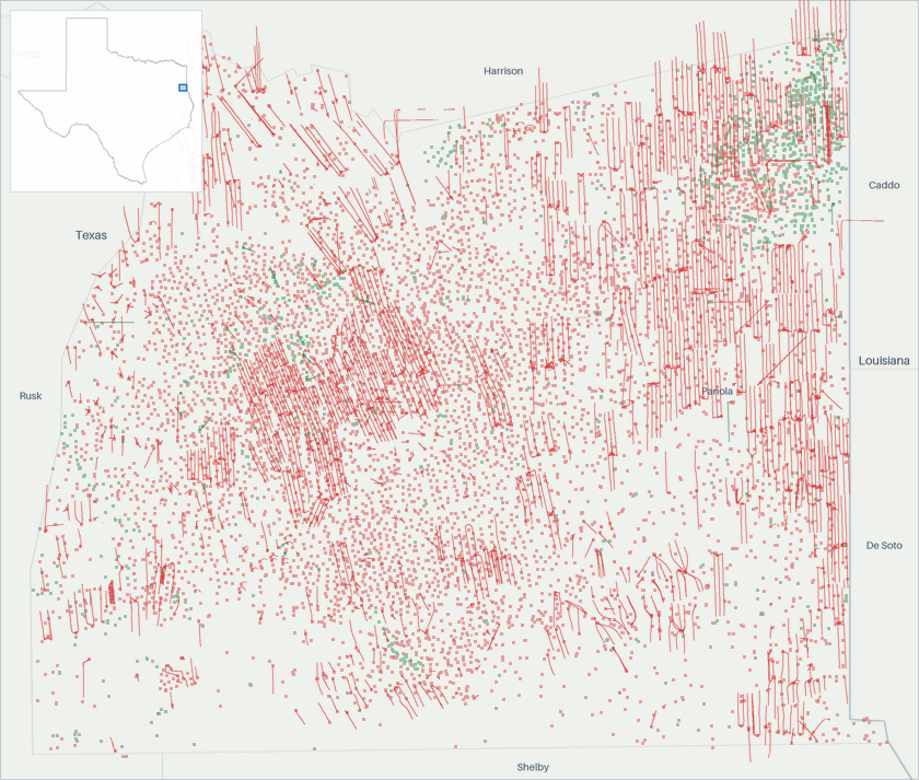 Well map of Panola County, Texas. The full map is further down this page.