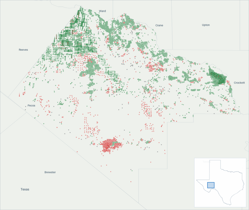 Well map of Pecos County, Texas. The full map is further down this page.