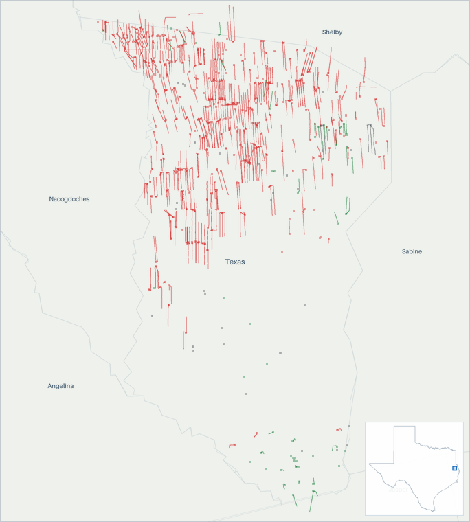 Well map of San Augustine County, Texas. The full map is further down this page.