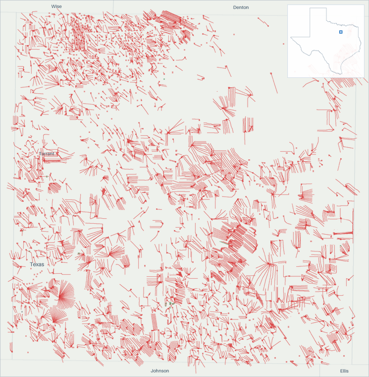 Well map of Tarrant County, Texas. The full map is further down this page.