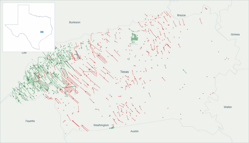 Well map of Washington County, Texas. The full map is further down this page.