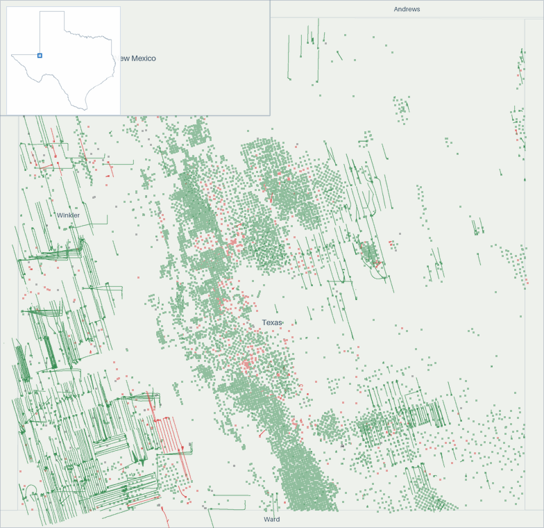 Well map of Winkler County, Texas. The full map is further down this page.