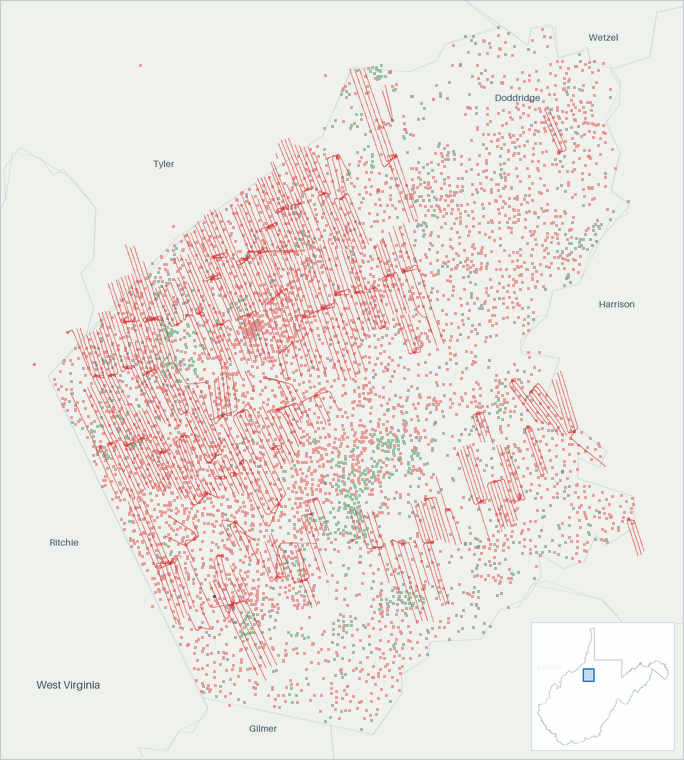 Well map of Doddridge County, West Virginia. The full map is further down this page.