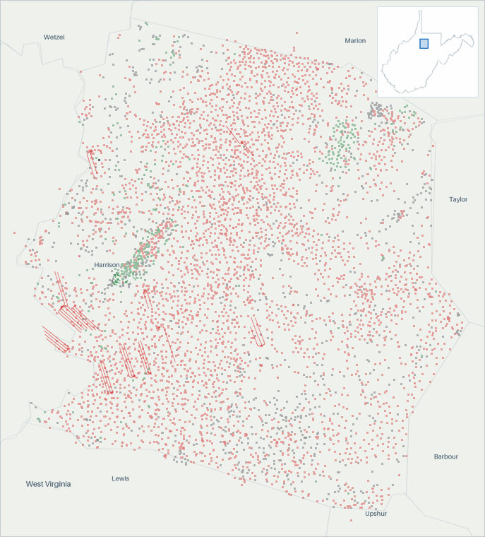 Well map of Harrison County, West Virginia. The full map is further down this page.