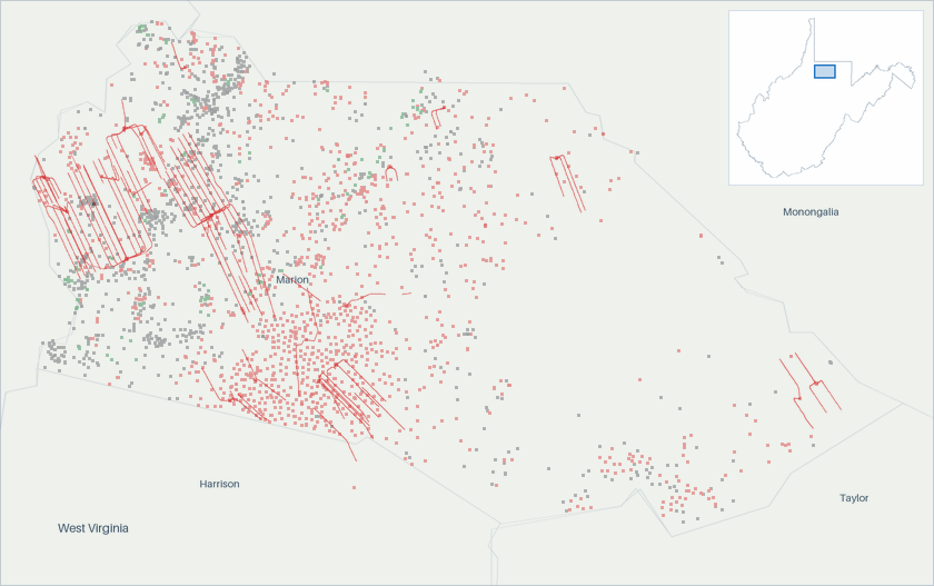 Well map of Marion County, West Virginia. The full map is further down this page.