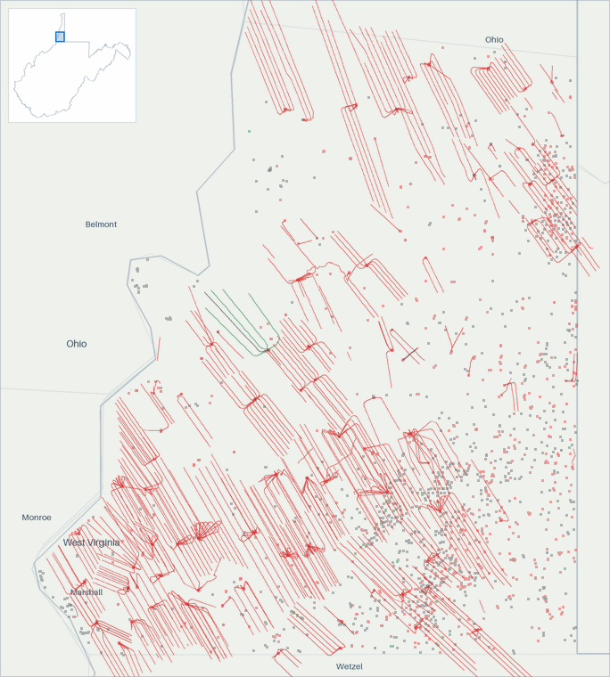 Well map of Marshall County, West Virginia. The full map is further down this page.