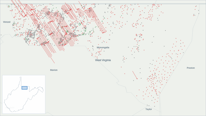 Well map of Monongalia County, West Virginia. The full map is further down this page.