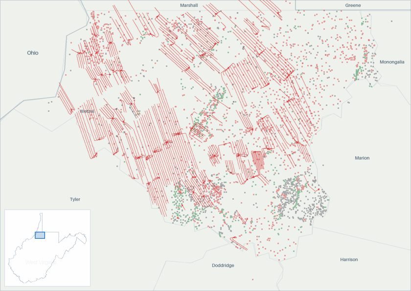 Well map of Wetzel County, West Virginia. The full map is further down this page.